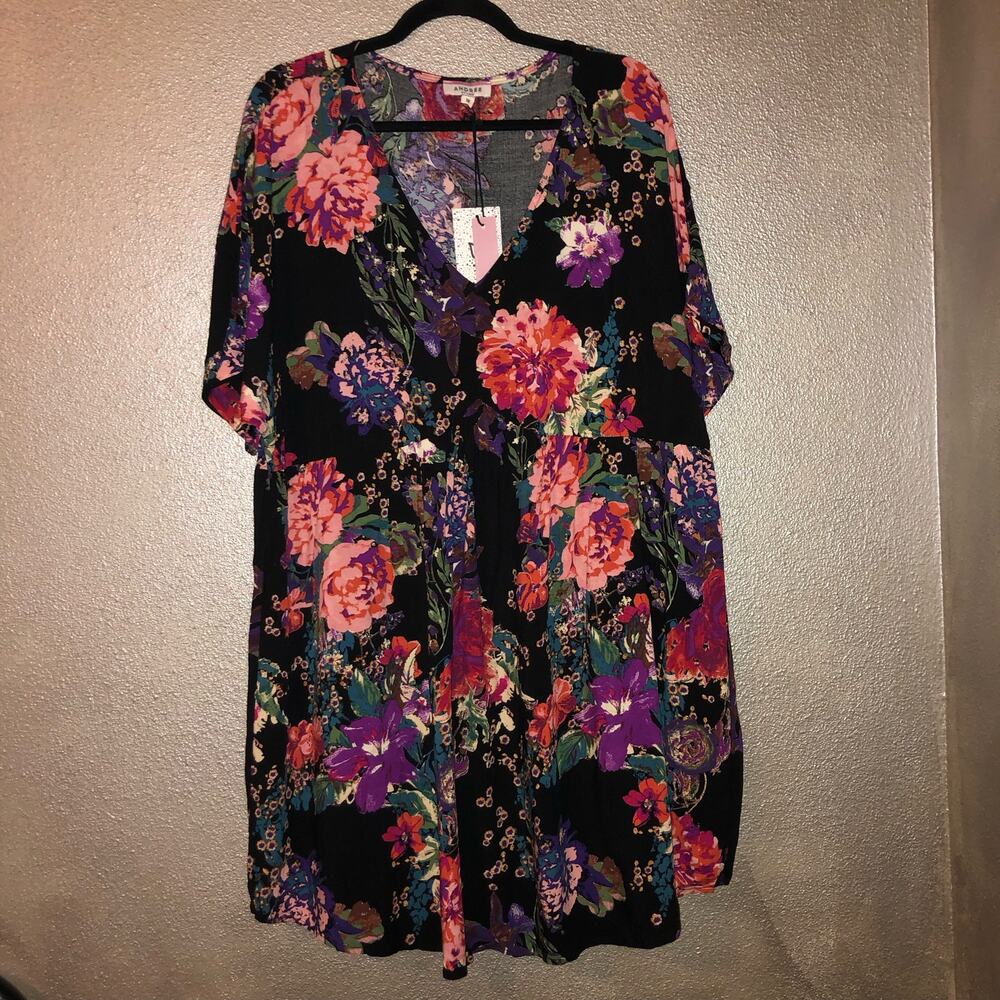 Andree by Unit Savanna Jane Black Floral Baby Doll Short  Sleeve  Dress  X1  NWT